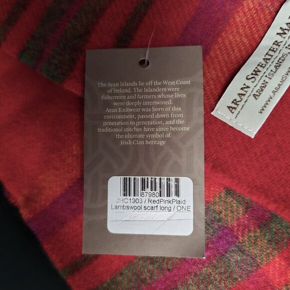 Aran Sweater Market Ireland Lambswool Red Pink Plaid Scarf Long JHC1903 - Picture 9 of 12
